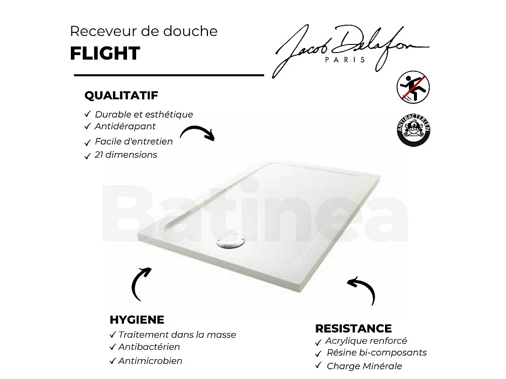 Receveur de douche antidérapant 160 x 90 cm JACOB DELAFON Flight rectangle blanc
