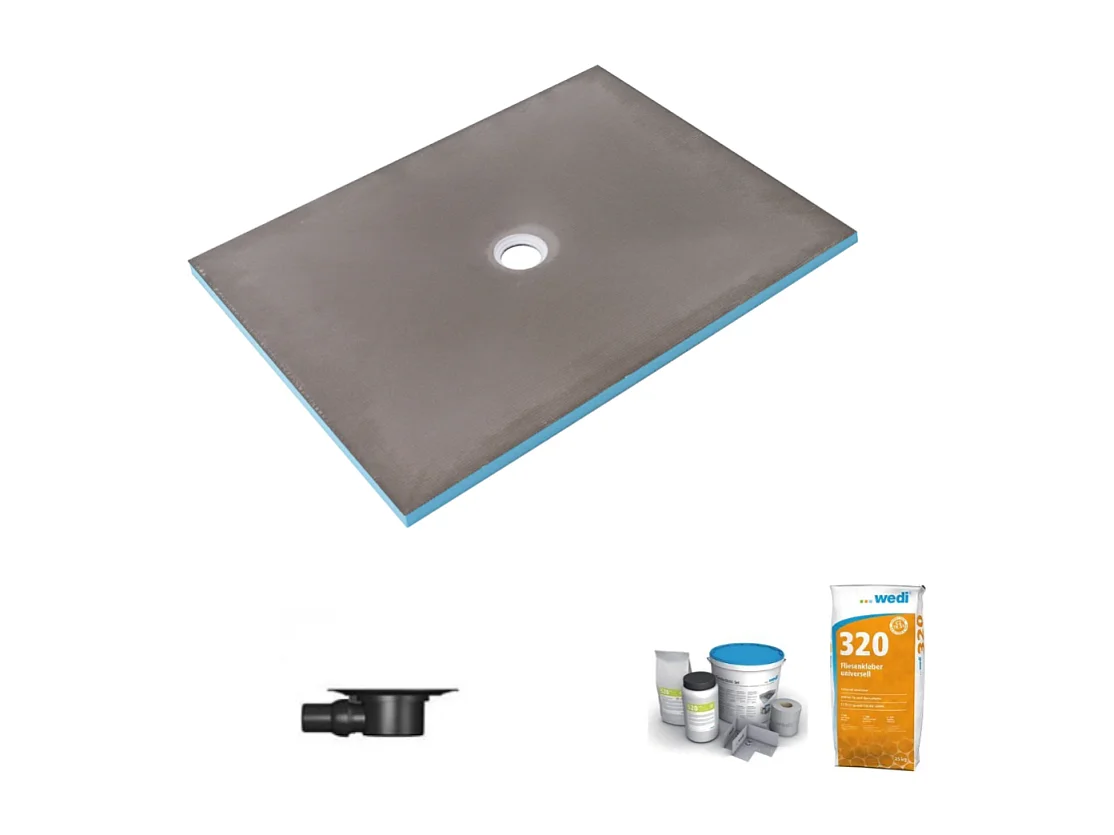 Receveur de douche à carreler 140 x 100 WEDI Fundo Primo écoulement centré + bonde horizontale + kit d'étanchéité + colle 320