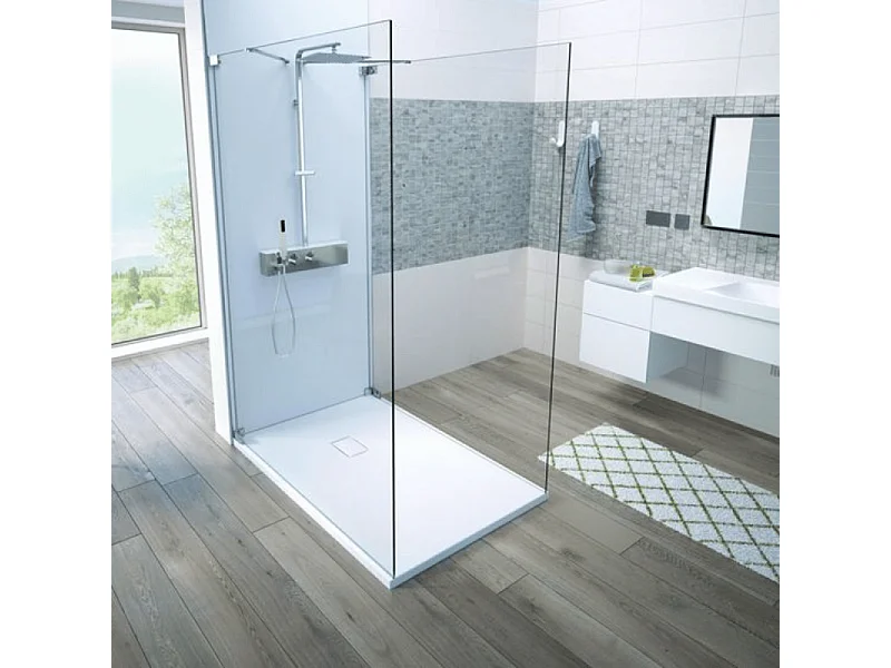 Receveur Kinesurf découpable 120x90 blanc aspect pierre avec cache-bonde assorti et bonde extra-plate