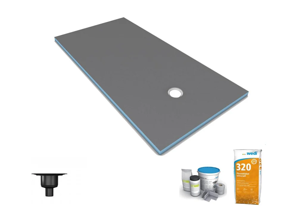 Receveur de douche à carreler 200 x 100 WEDI Fundo Primo écoulement excentré + bonde verticale + kit d'étanchéité + colle 320