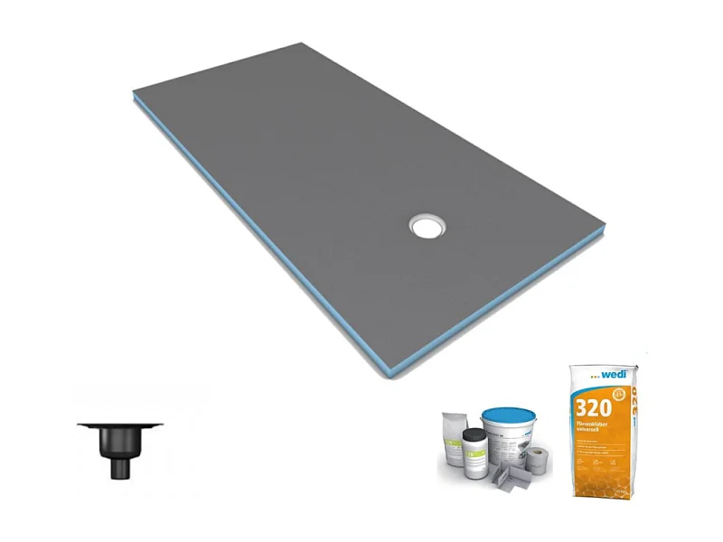 Receveur de douche à carreler 200 x 100 WEDI Fundo Primo écoulement excentré + bonde verticale + kit d'étanchéité + colle 320