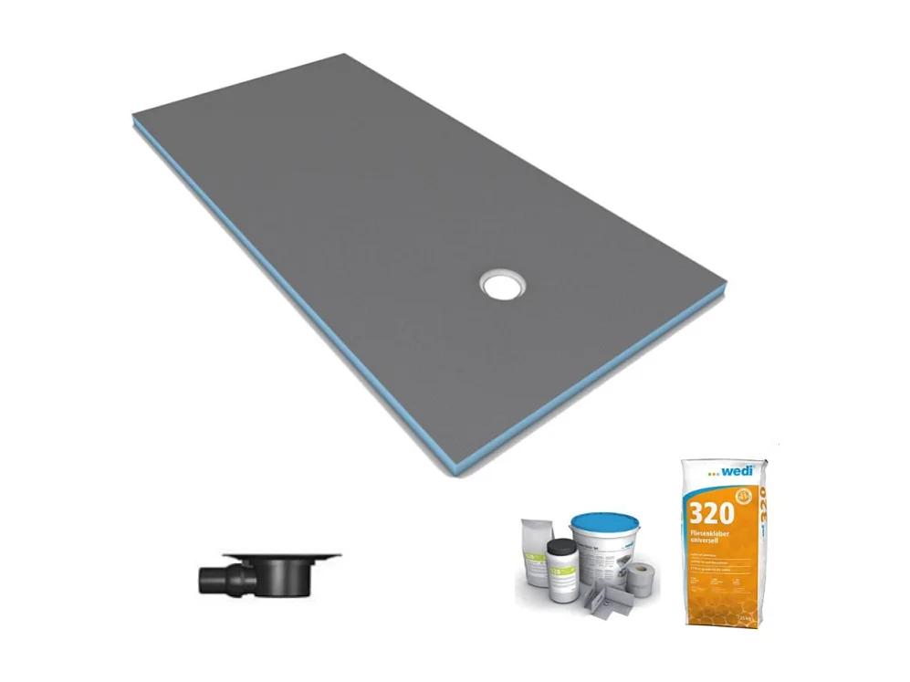 Receveur de douche à carreler 200 x 100 WEDI Fundo Primo écoulement excentré + bonde horizontale + kit d'étanchéité + colle 320