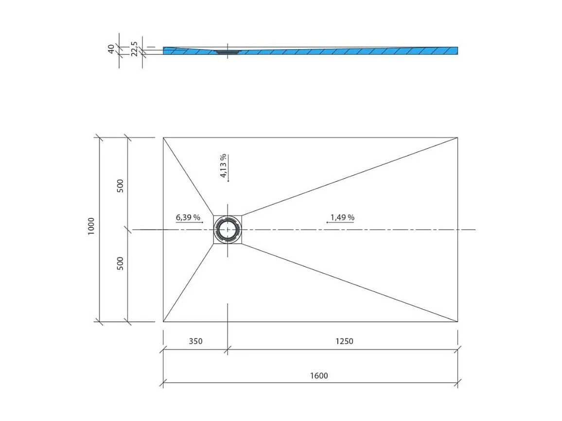 Receveur de douche à carreler 160 x 100 WEDI Fundo Primo écoulement excentré + bonde verticale + kit d'étanchéité + colle 320