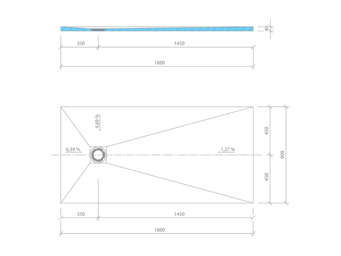 Receveur de douche à carreler 180 x 90 WEDI Fundo Primo rectangle écoulement excentré