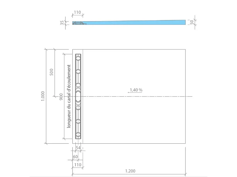 Receveur à carreler 120 x 100 cm WEDI Fundo Riolito Neo, écoulement linéaire + colle 320