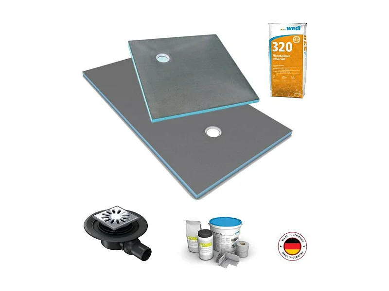 Receveur de douche à carreler 180 x 90 WEDI Fundo Primo écoulement excentré + bonde horizontale + kit d'étanchéité + colle 320