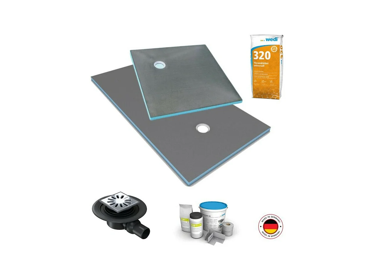 Receveur de douche à carreler 180 x 90 WEDI Fundo Primo écoulement excentré + bonde horizontale + kit d'étanchéité + colle 320