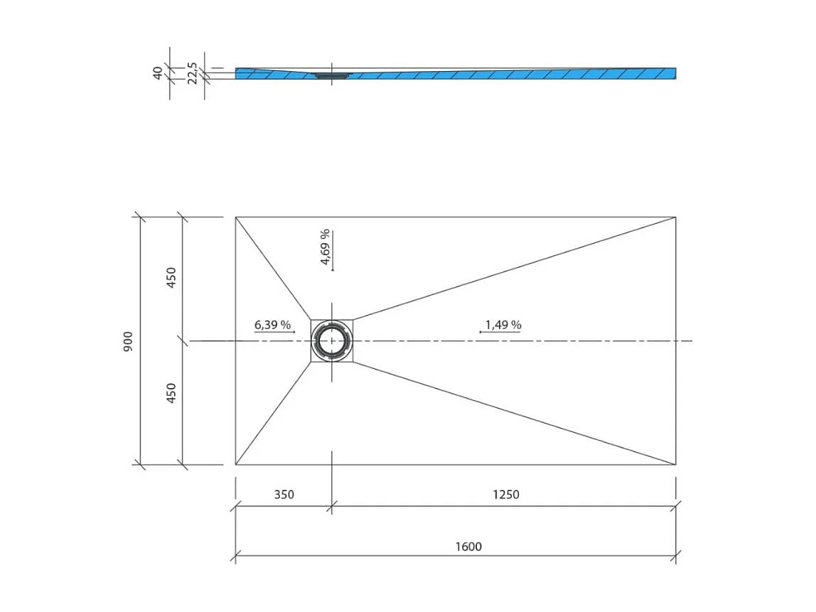 Receveur de douche à carreler 160 x 90 WEDI Fundo Primo rectangle écoulement excentré + bonde horizontale + kit d'étanchéité