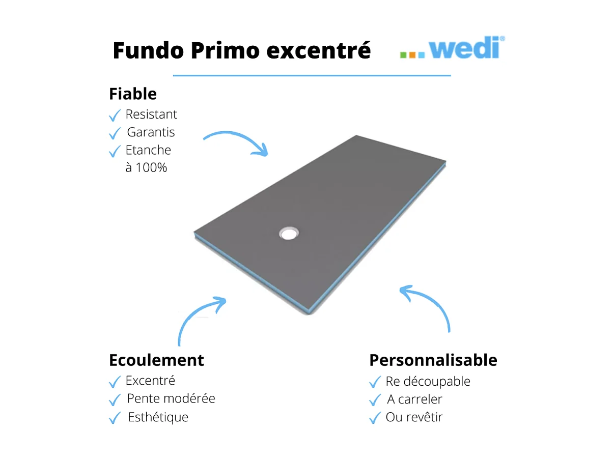 Receveur de douche à carreler 180 x 90 WEDI Fundo Primo rectangle écoulement excentré + colle 320