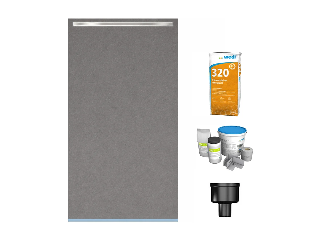Receveur de douche à carreler 140 x 90 cm Wedi Fundo Riolito Neo + barrette de finition + bonde verticale + kit d'étanchéité + colle 320