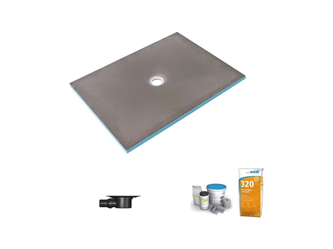 Receveur de douche à carreler 90 x 75 WEDI Fundo Primo écoulement centré + bonde horizontale + kit d'étanchéité + colle 320