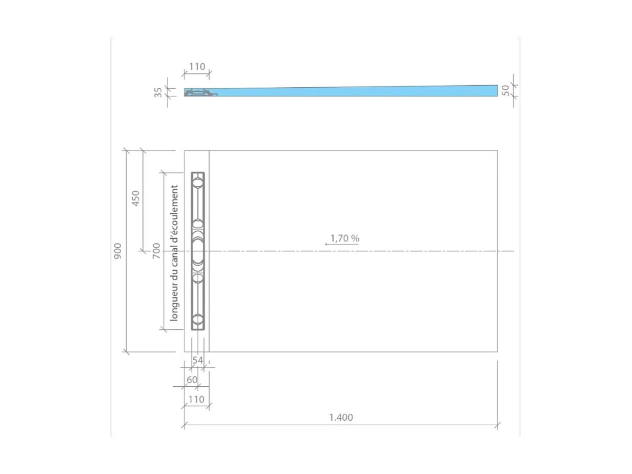 Receveur à carreler 140 x 90 cm Wedi Fundo Riolito Neo + barrette + bonde horizontale + kit d'étanchéité et colle 320