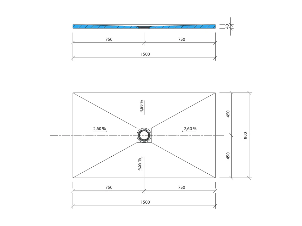 Receveur de douche à carreler 150 x 90 WEDI Fundo Primo écoulement centré + bonde horizontale + kit d'étanchéité + colle 320