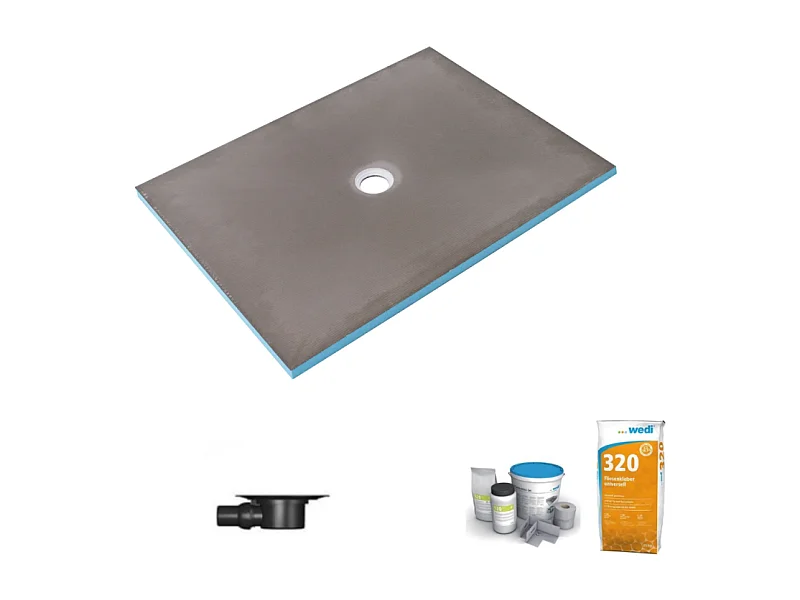 Receveur de douche à carreler 140 x 90 WEDI Fundo Primo écoulement centré + bonde horizontale + kit d'étanchéité + colle 320