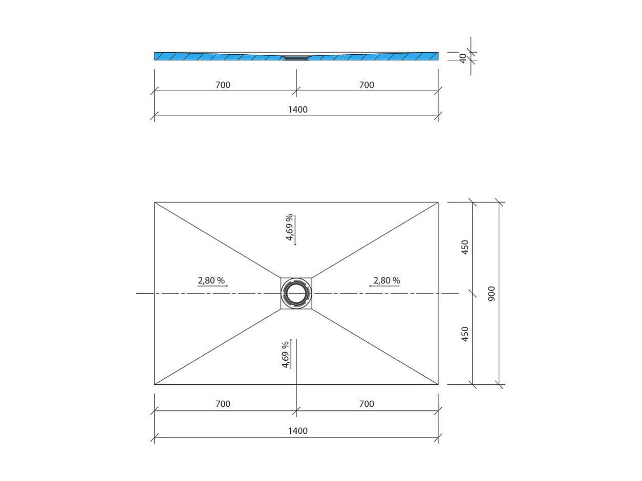 Receveur de douche à carreler 140 x 90 WEDI Fundo Primo rectangle écoulement centré + colle 320