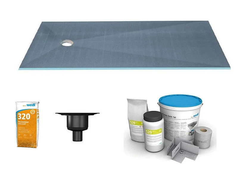 Receveur de douche à carreler 180 x 90 WEDI Fundo Primo écoulement excentré + bonde verticale + kit d'étanchéité + colle 320