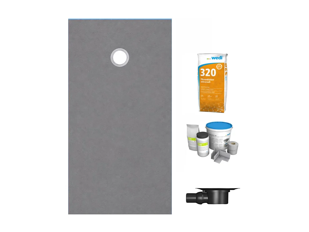Receveur de douche à carreler 160 x 90 WEDI Fundo Primo écoulement excentré + bonde horizontale + kit d'étanchéité + colle 320