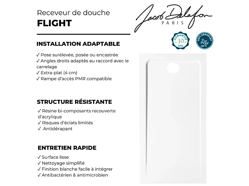 Receveur de douche antidérapant 140 x 90 cm JACOB DELAFON Flight rectangle blanc