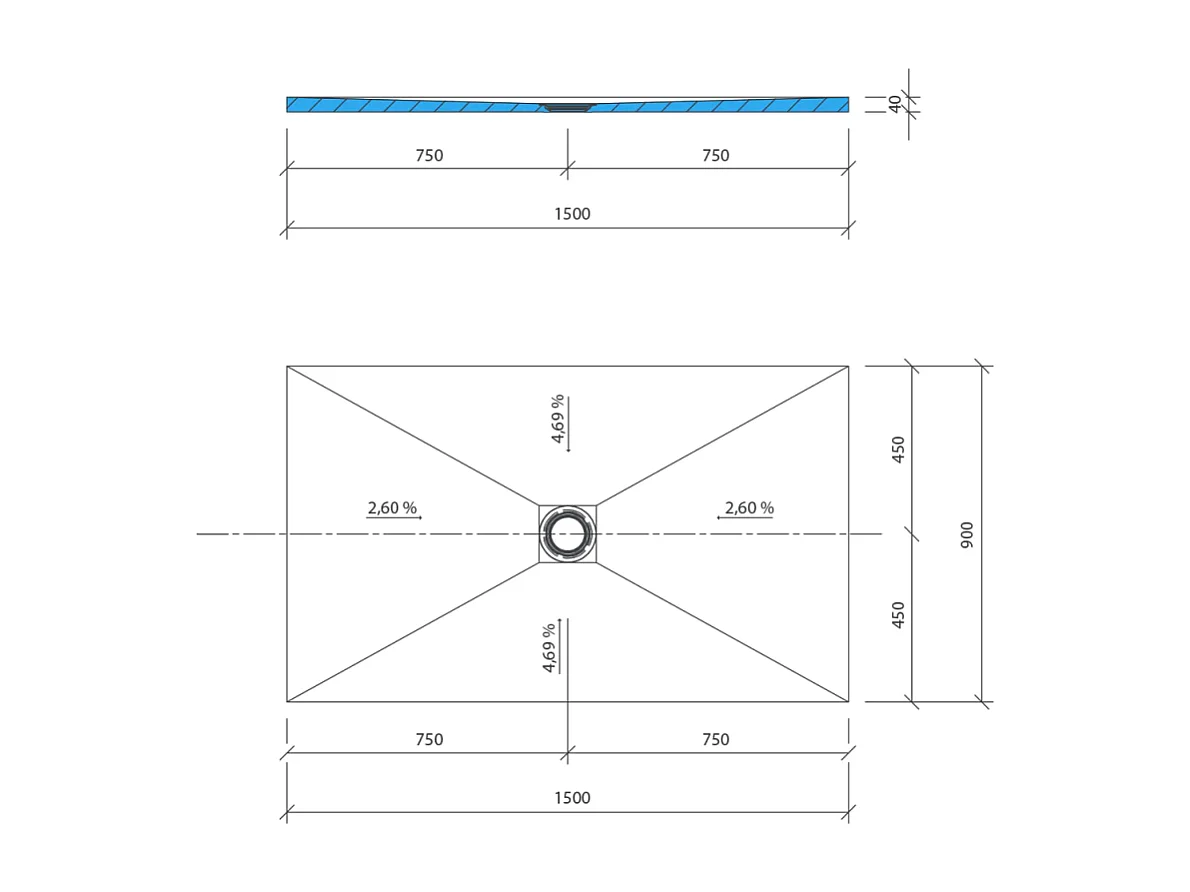 Receveur de douche à carreler 150 x 90 WEDI Fundo Primo rectangle écoulement centré + bonde verticale + kit d'étanchéité