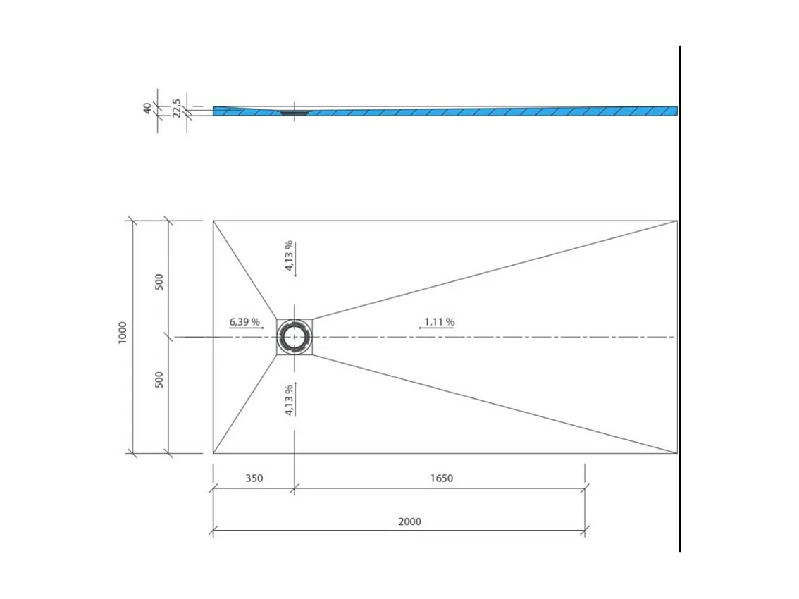 Receveur de douche à carreler 200 x 100 WEDI Fundo Primo rectangle écoulement excentré + bonde verticale + kit d'étanchéité