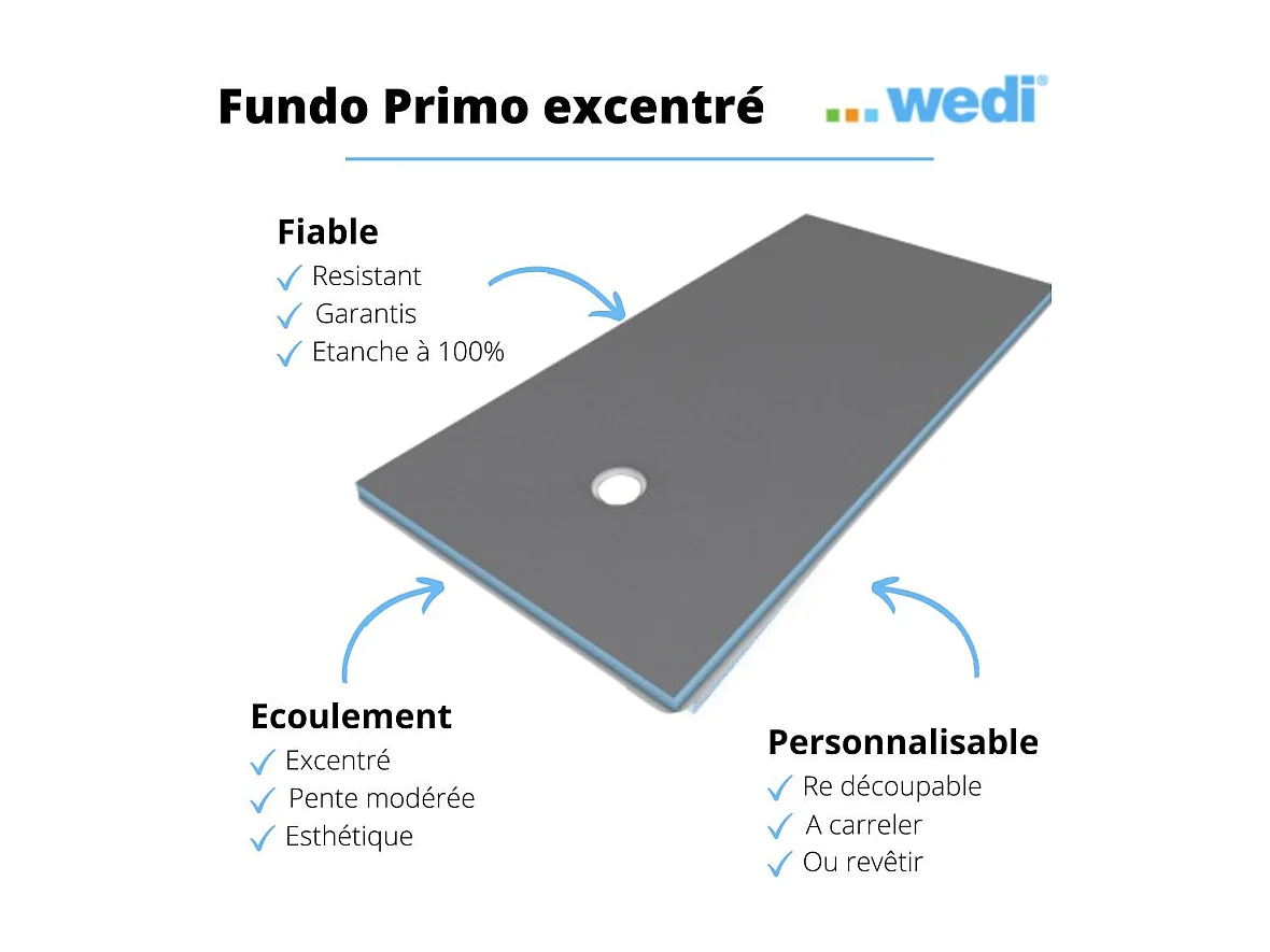Receveur de douche à carreler 200 x 100 WEDI Fundo Primo rectangle écoulement excentré + bonde horizontale + kit d'étanchéité