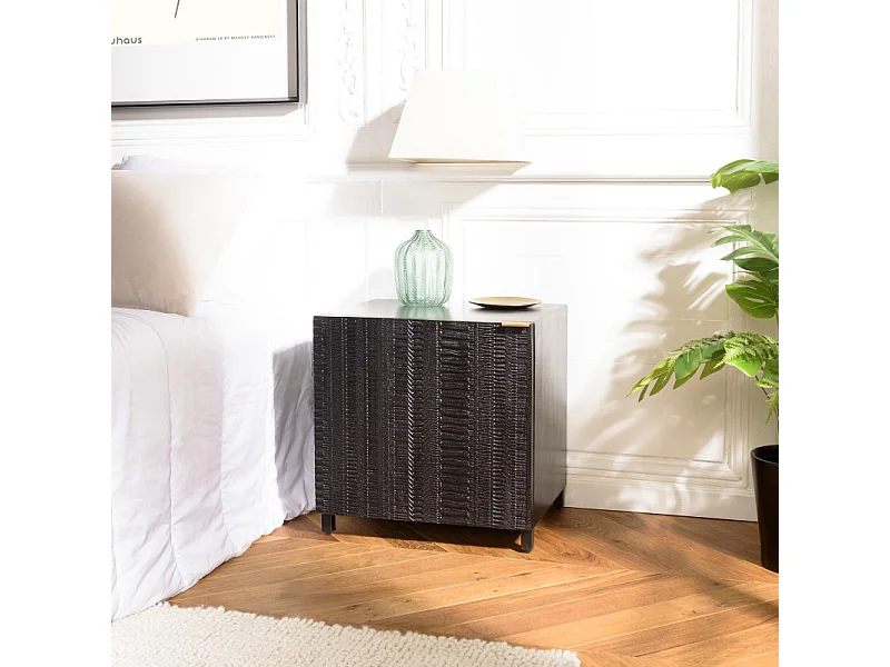 GLORIA - Table de chevet en bois de manguier 1 porte sculptée noir