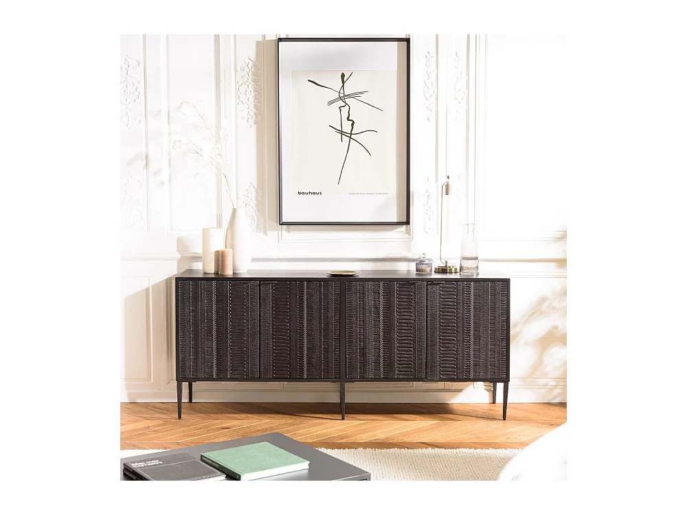 GLORIA - Buffet bois de manguier 4 portes sculptées noir