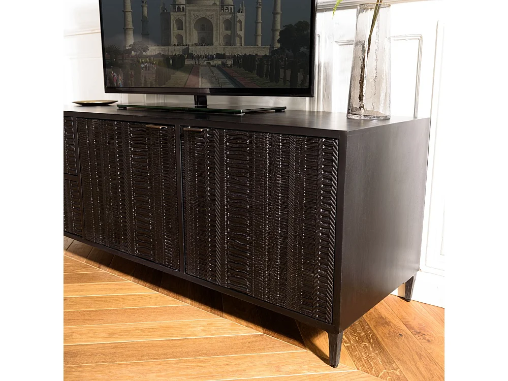 GLORIA - Buffet bois de manguier 4 portes sculptées noir