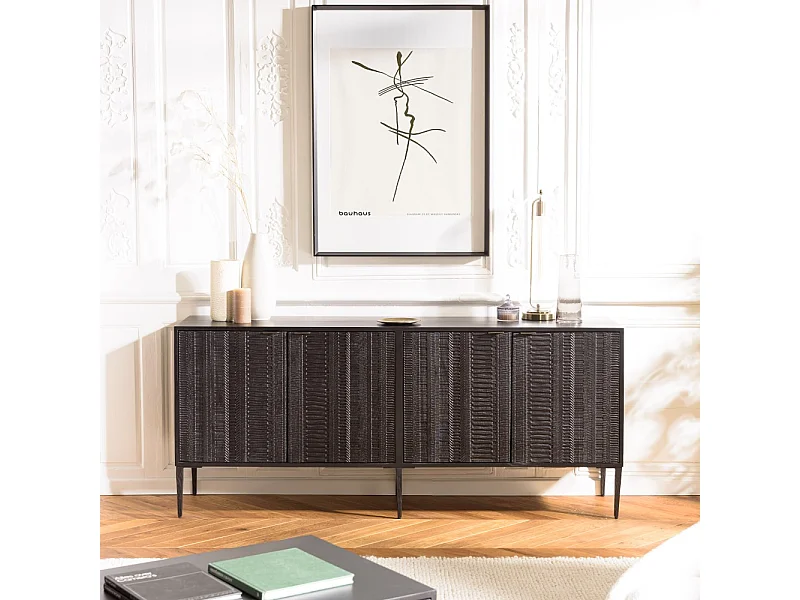GLORIA - Buffet bois de manguier 4 portes sculptées noir