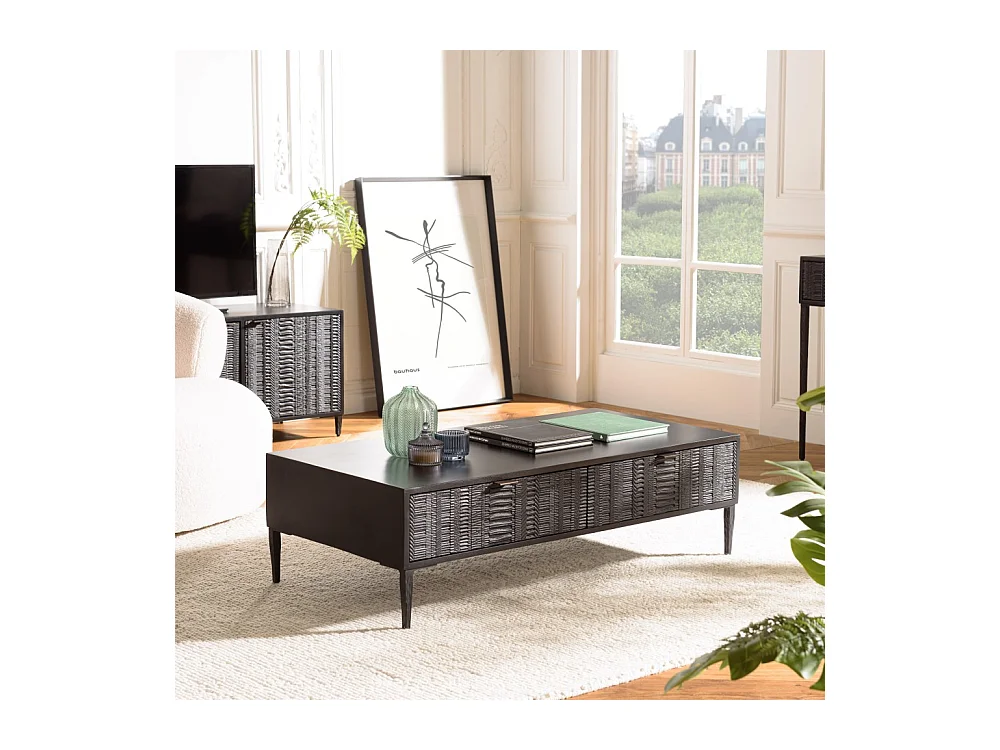 GLORIA - Table basse en manguier noir 2 tiroirs sculptés pieds métal