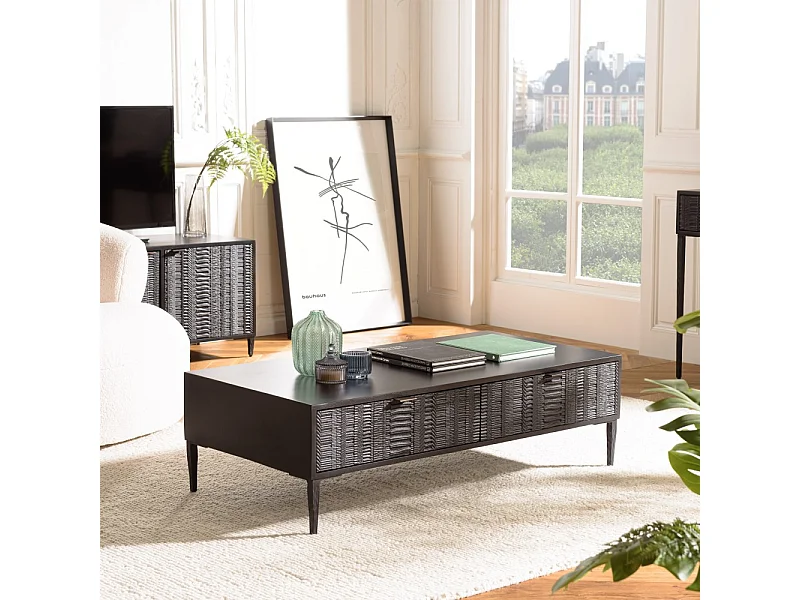 GLORIA - Table basse en bois de manguier 2 tiroirs sculptés noir