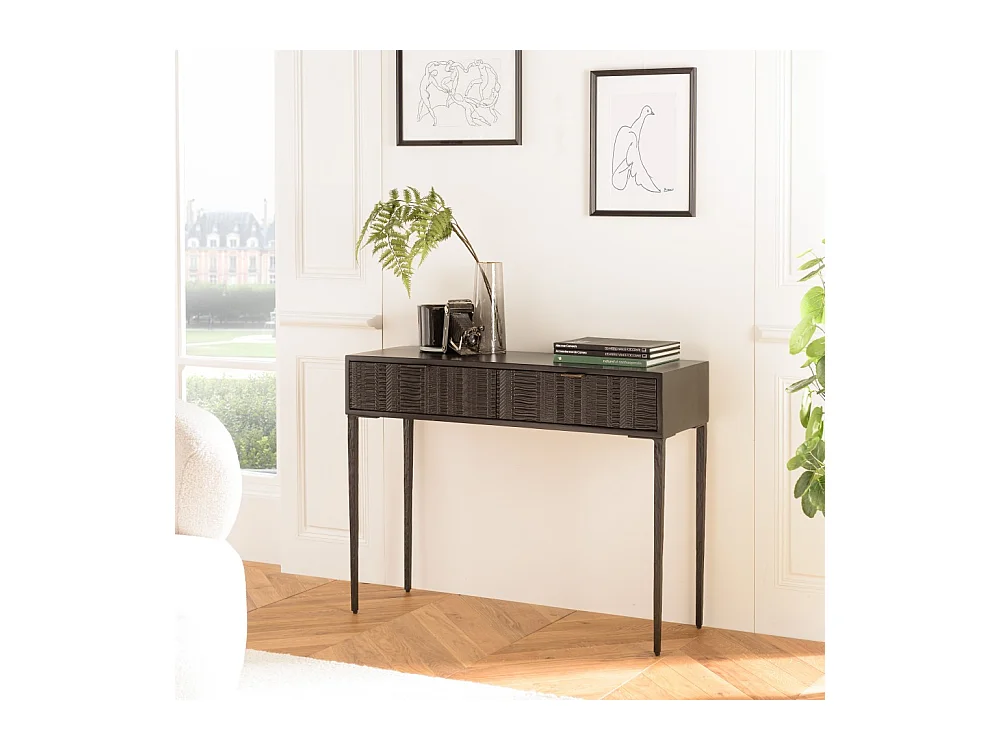 GLORIA - Console en manguier noir 2 tiroirs sculptés pieds en métal