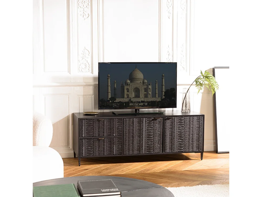 GLORIA - Meuble TV bois de manguier 2 portes 2 tiroirs sculptés noir