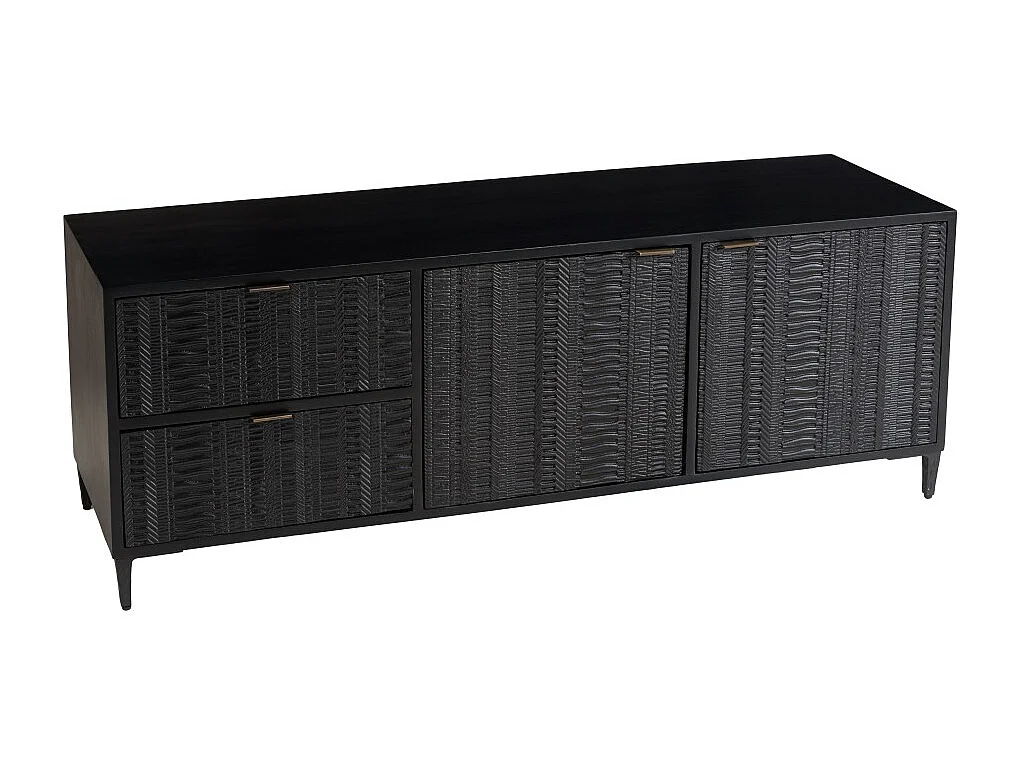 GLORIA - Meuble TV bois de manguier 2 portes 2 tiroirs sculptés noir