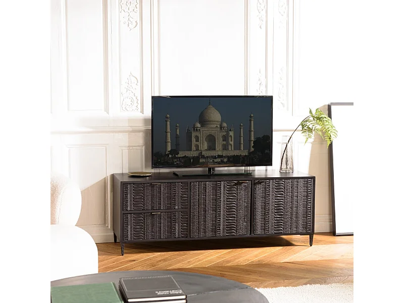 GLORIA - Meuble TV bois de manguier 2 portes 2 tiroirs sculptés noir