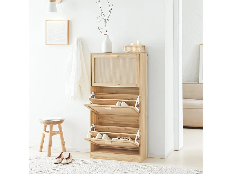 SoBuy Schoenenkast met 3 kleppen, schoenenkist, schoenenrek, schoenenopbergmeubel met 3 deuren, gangmeubel, 60x24x118 cm, houtkleur, FSR159-N