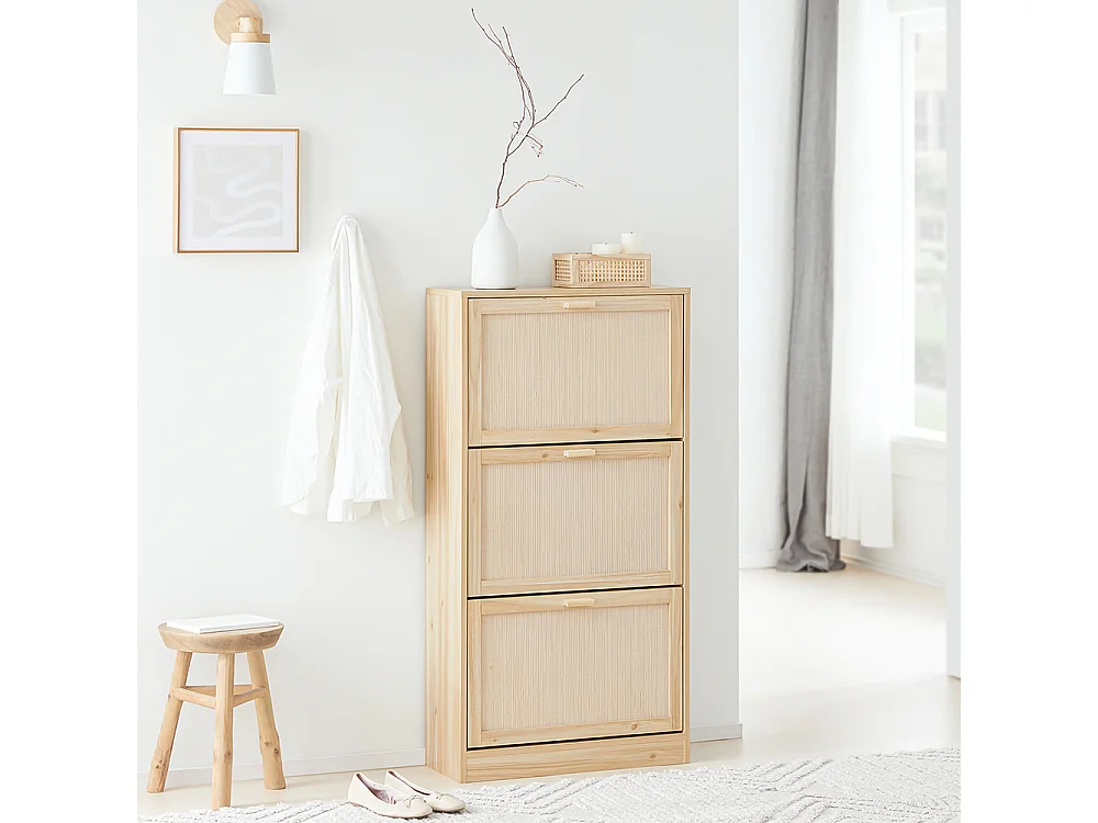 SoBuy Schoenenkast met 3 kleppen, schoenenkist, schoenenrek, schoenenopbergmeubel met 3 deuren, gangmeubel, 60x24x118 cm, houtkleur, FSR159-N