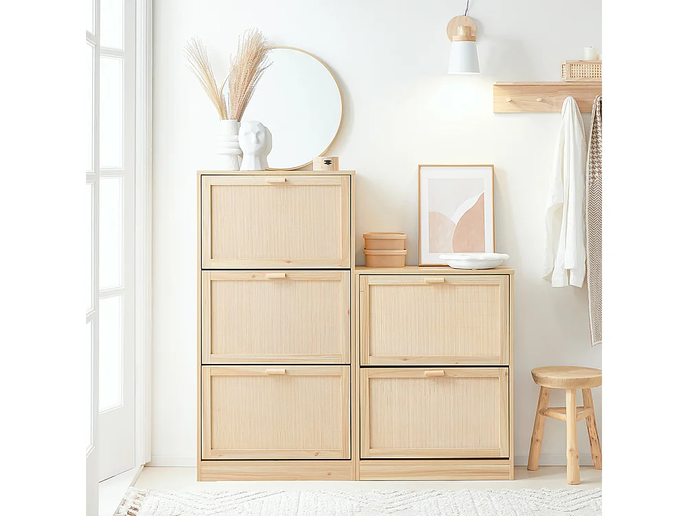 SoBuy Schoenenkast met 3 kleppen, schoenenkist, schoenenrek, schoenenopbergmeubel met 3 deuren, gangmeubel, 60x24x118 cm, houtkleur, FSR159-N