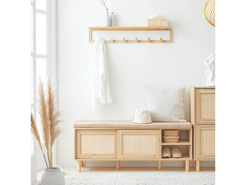 SoBuy FSR163-N Banc à ChaussuresBanc de Rangement avec Coussin Rembourré, Étagères et 2 Portes Coulissantes