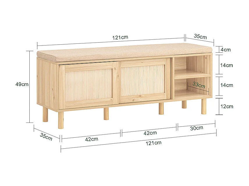SoBuy Schoenenbank Schoenenopbergmeubel Halopbergbank met gewatteerd kussen, planken en 2 schuifdeuren, 121x35x49 cm, FSR163-N