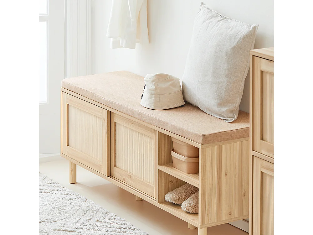 SoBuy Schoenenbank Schoenenopbergmeubel Halopbergbank met gewatteerd kussen, planken en 2 schuifdeuren, 121x35x49 cm, FSR163-N