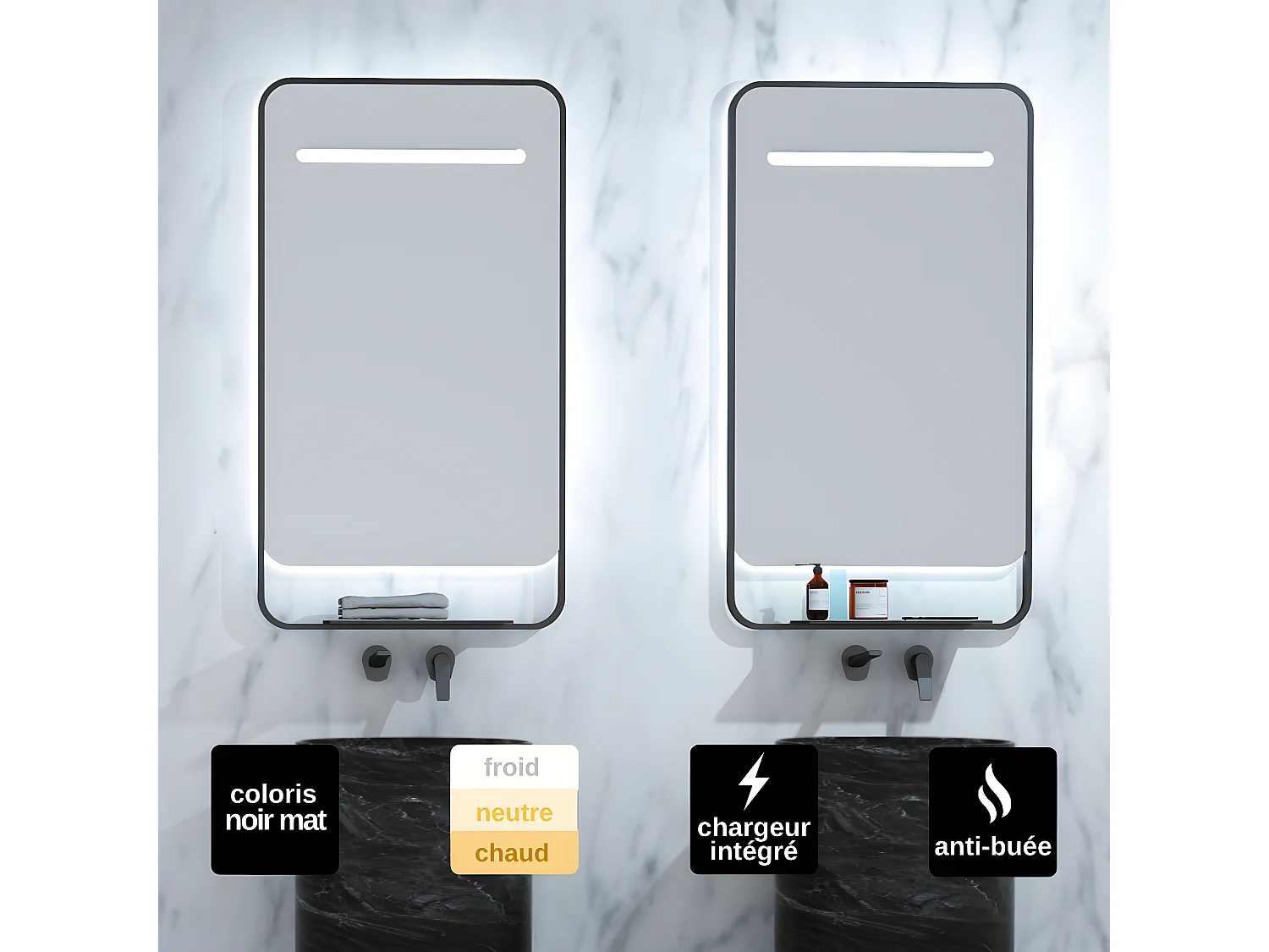 Miroir Salle de Bains Lumineux CONCEPT Anti-Buée et Éclairage Périmétral Triled Chargeur Induction Noir Mat 100x90cm LEDIMEX by SANIZÉO