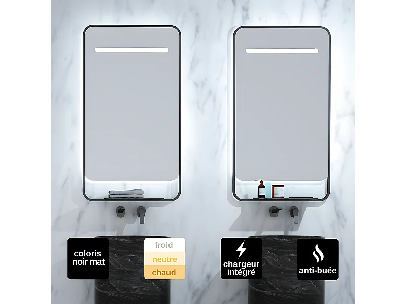 Miroir Salle de Bains Lumineux CONCEPT Anti-Buée et Éclairage Périmétral Triled Chargeur Induction Noir Mat 100x90cm LEDIMEX by SANIZÉO