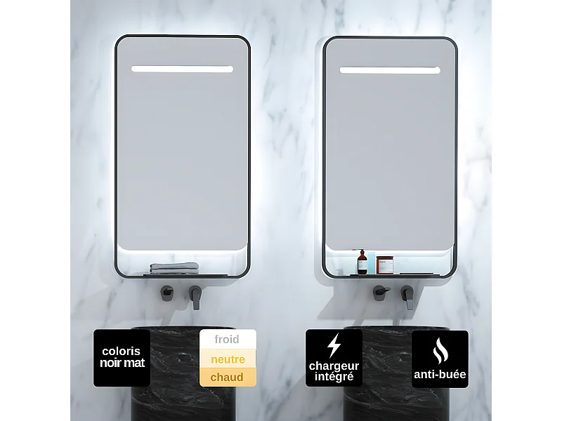 Miroir Salle de Bains Lumineux CONCEPT Anti-Buée et Éclairage Périmétral Triled Chargeur Induction Noir Mat 80x90cm LEDIMEX by SANIZÉO