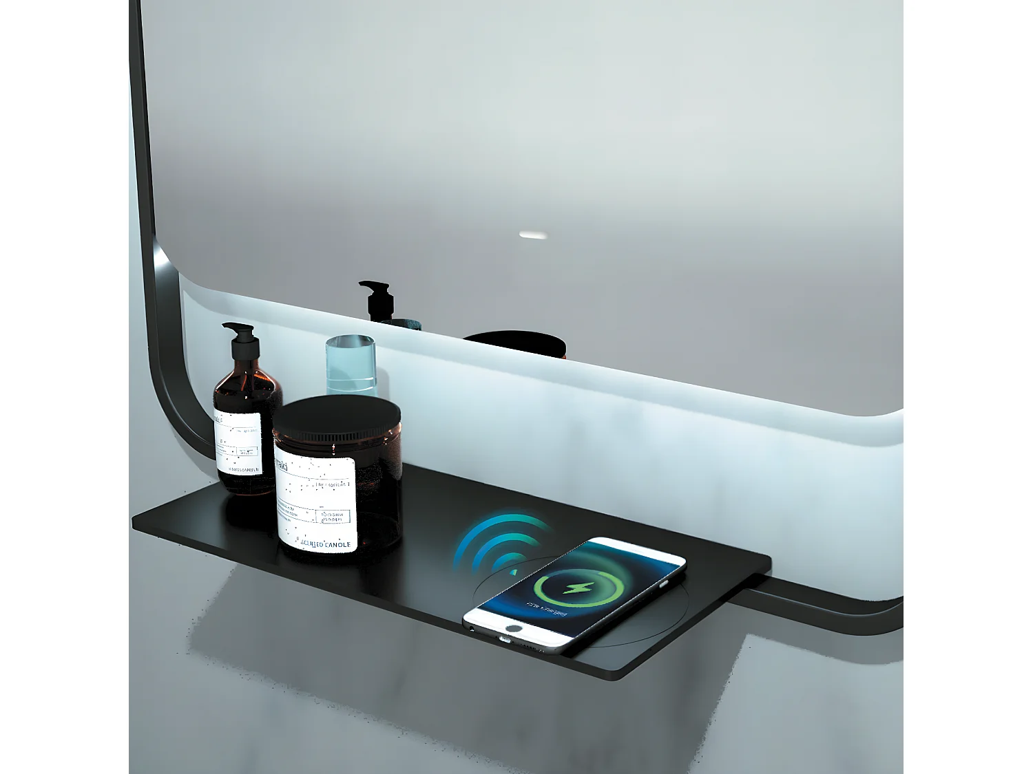Miroir Salle de Bains Lumineux CONCEPT Anti-Buée et Éclairage Périmétral Triled Chargeur Induction Noir Mat 80x90cm LEDIMEX by SANIZÉO
