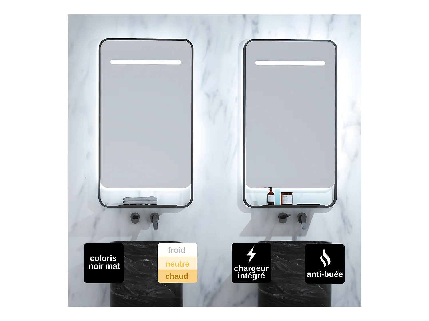 Miroir Salle de Bains Lumineux CONCEPT Anti-Buée et Éclairage Périmétral Triled Chargeur Induction Noir Mat 80x90cm LEDIMEX by SANIZÉO