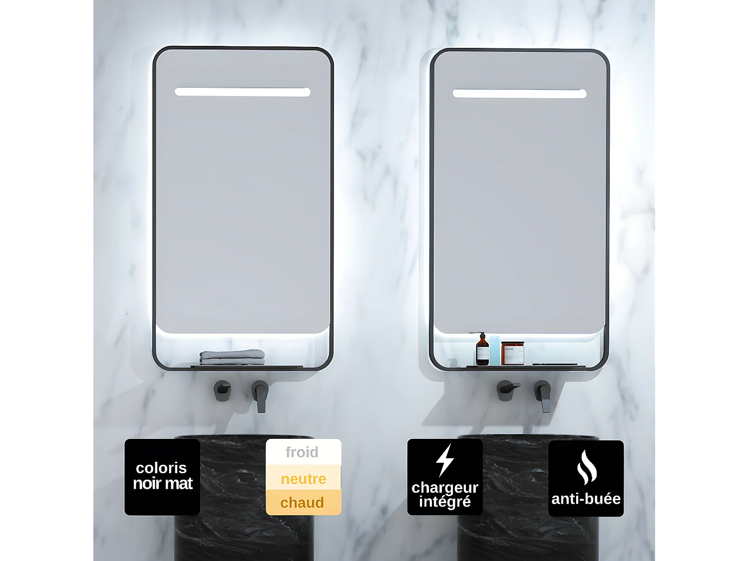 Miroir Salle de Bains Lumineux CONCEPT Anti-Buée et Éclairage Périmétral Triled Chargeur Induction Noir Mat 50x90cm LEDIMEX by SANIZÉO