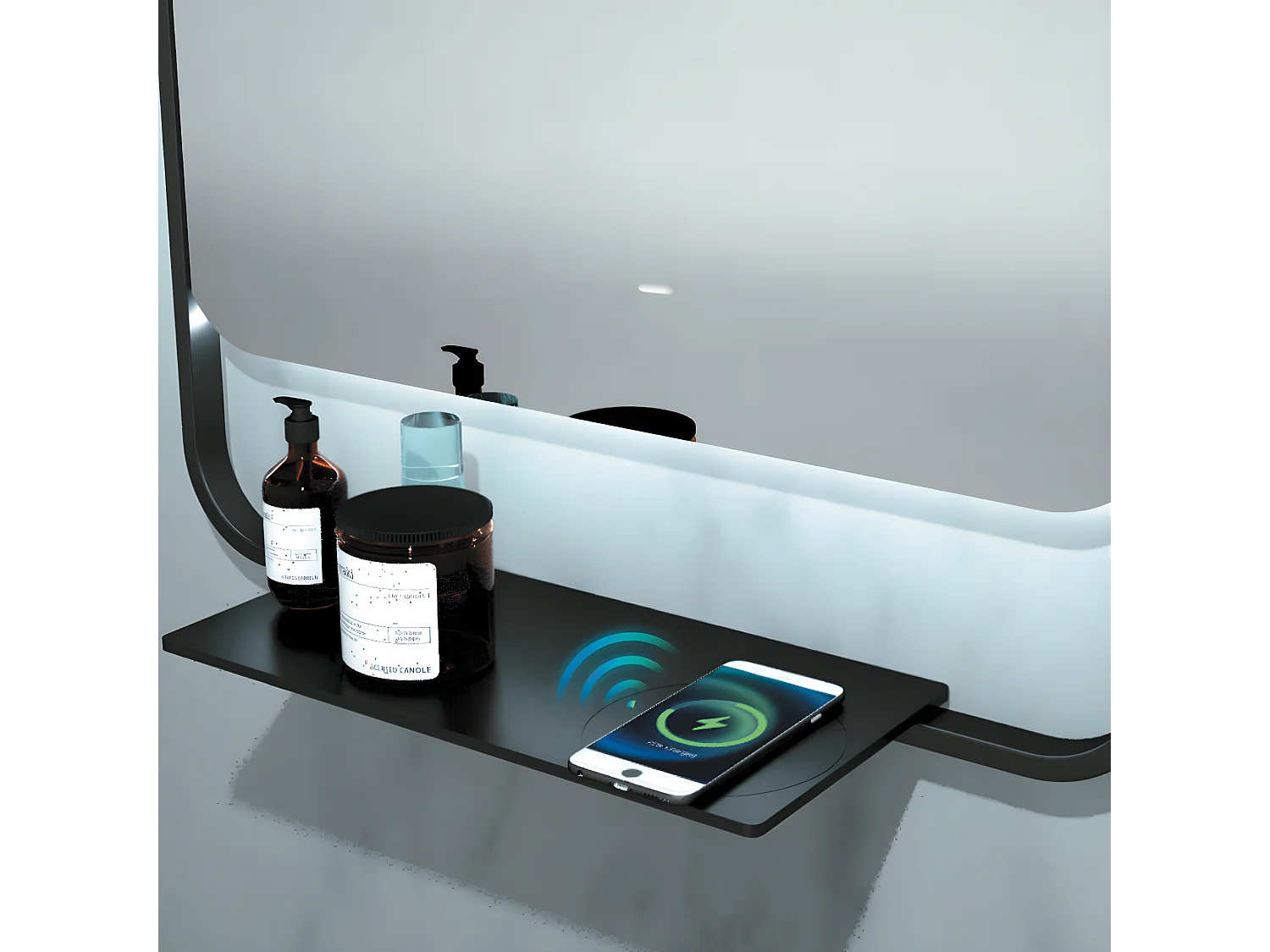Miroir Salle de Bains Lumineux CONCEPT Anti-Buée et Éclairage Périmétral Triled Chargeur Induction Noir Mat 50x90cm LEDIMEX by SANIZÉO