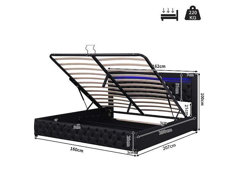 Cama contenedor tapizada de piel sintética con LED - 160x200 cm - con somier - Negro