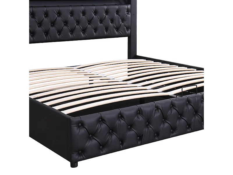 Cama contenedor tapizada de piel sintética con LED - 160x200 cm - con somier - Negro